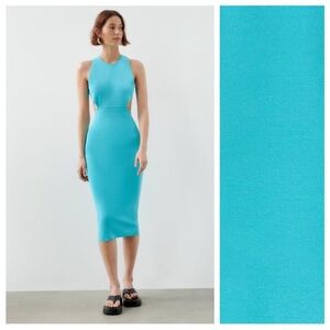 ZARA NWT. Zara Vivid Blue Knit Midi Dress with Open Back. Size: Small